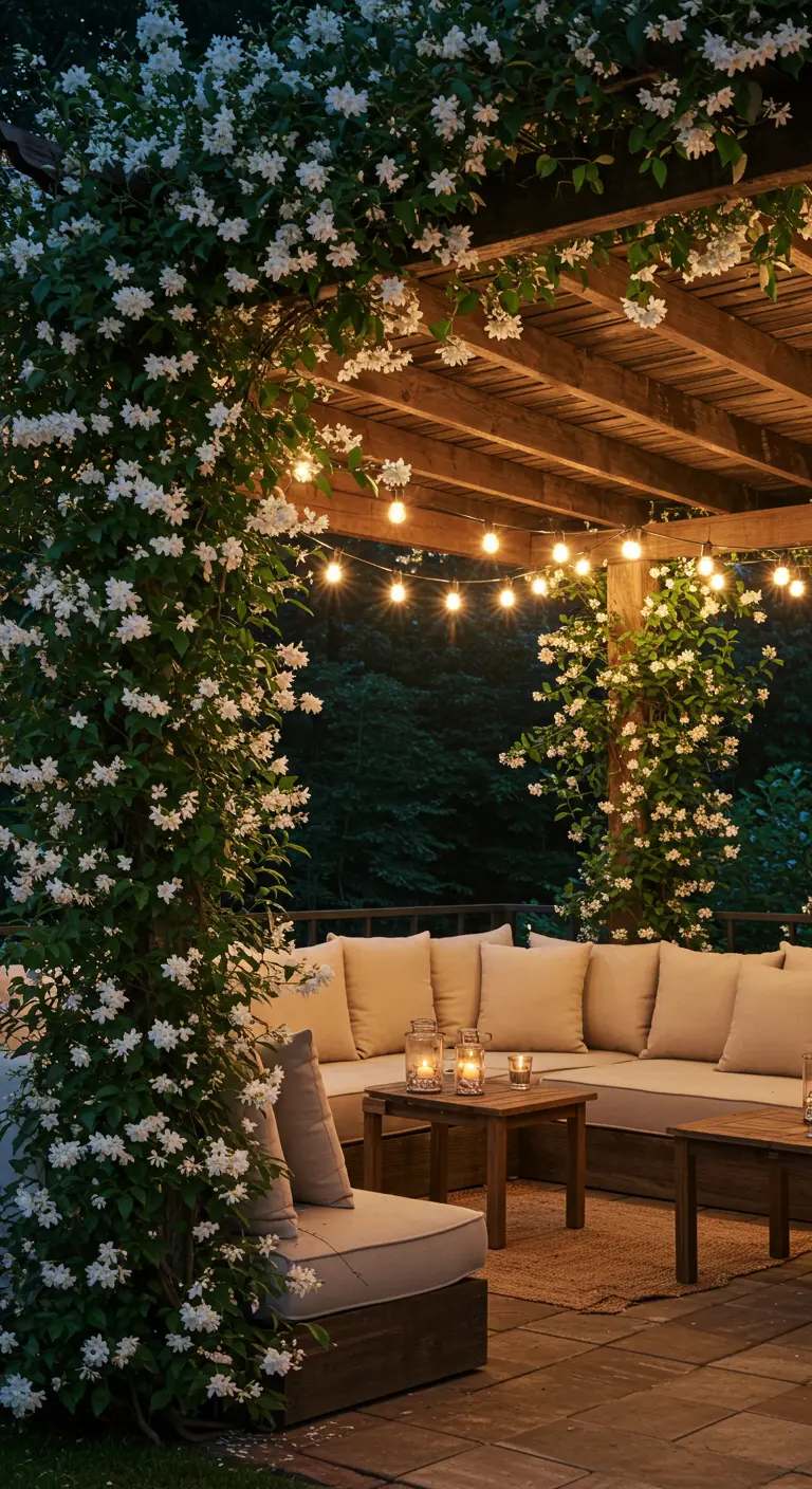 Gezellige loungehoek onder een pergola begroeid met bloeiende witte jasmijn.