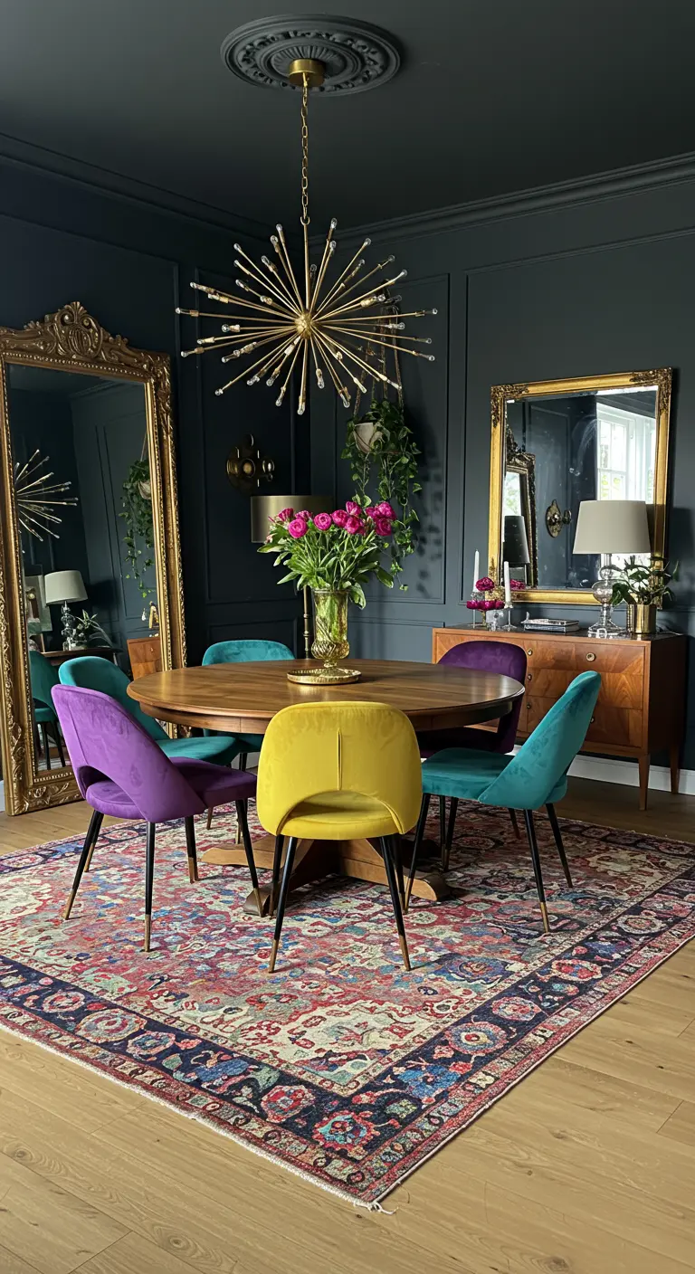 Donkere eetkamer met fluwelen stoelen in verschillende kleuren, een grote spiegel en een gouden lamp.