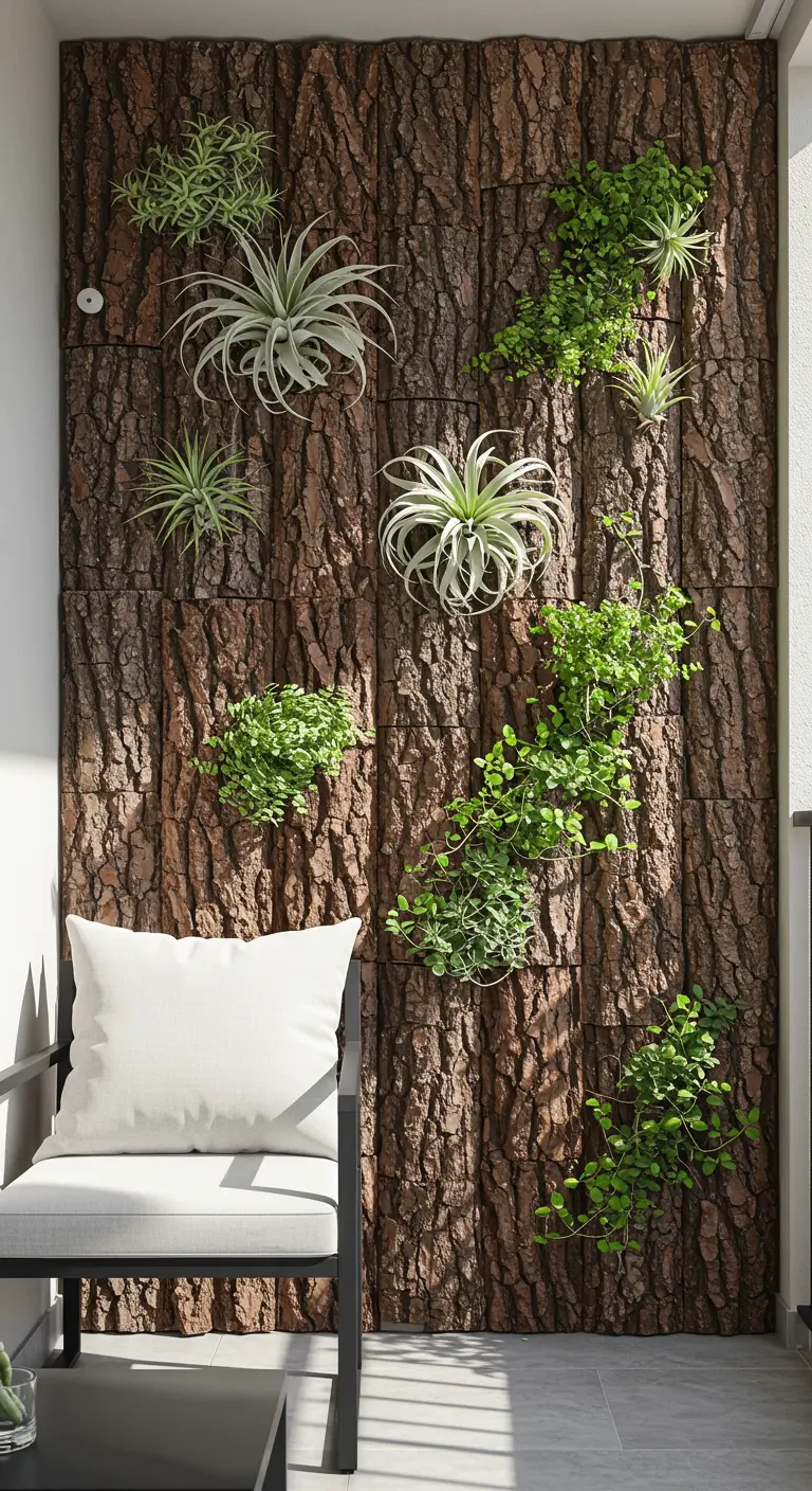Balkonmuur bekleed met boomschors en diverse groene planten.
