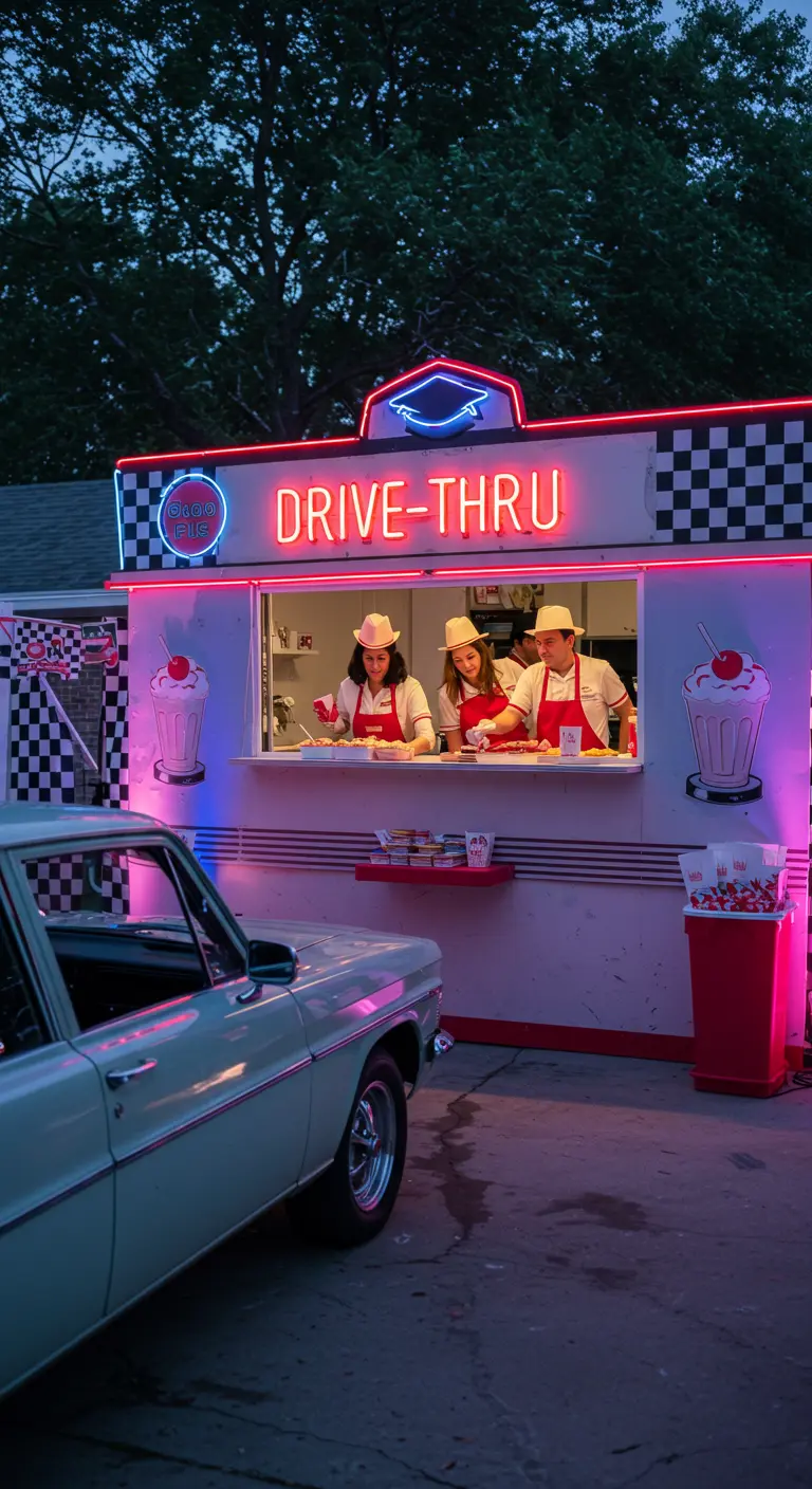 Een drive-thru kraam 's nachts verlicht met neon, personeel in retro-uniform.
