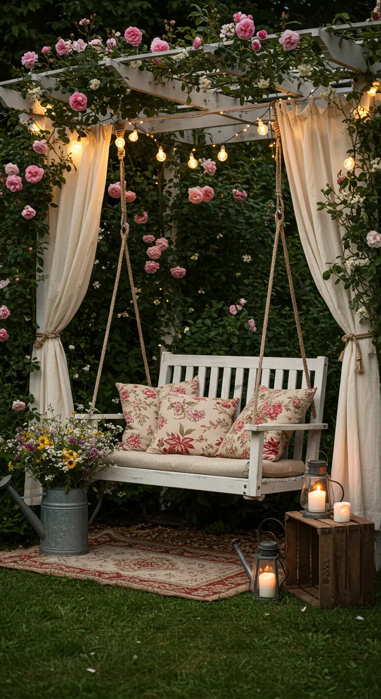 Witte tuinschommel onder een pergola met roze rozen, lichtsnoer en crèmekleurige gordijnen.