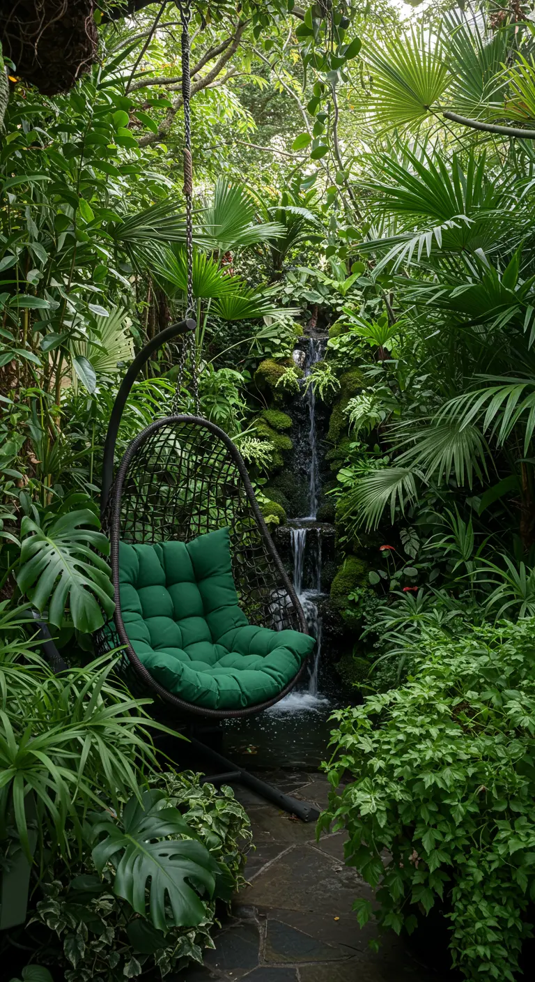 Zwarte hangstoel met groen kussen, verscholen in een dichte jungle met een kleine waterval.