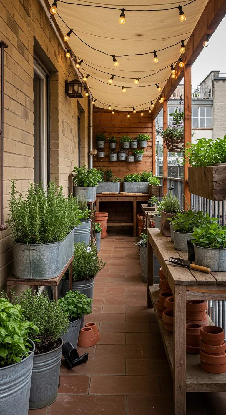 Balkon ingericht als kruidentuin met zinken en houten bakken vol rozemarijn en basilicum.