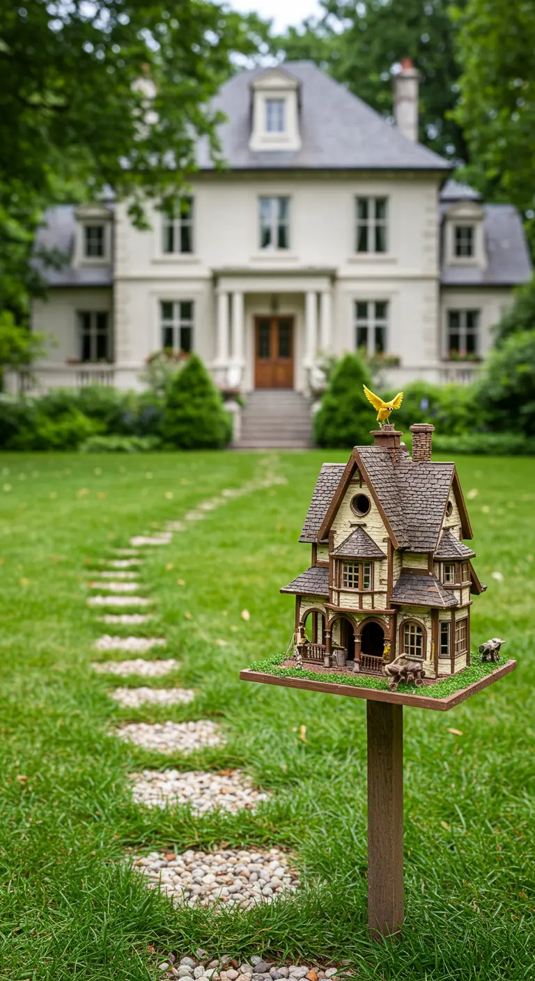 Gedetailleerd vogelhuisje in de vorm van een landhuis, in een tuin.