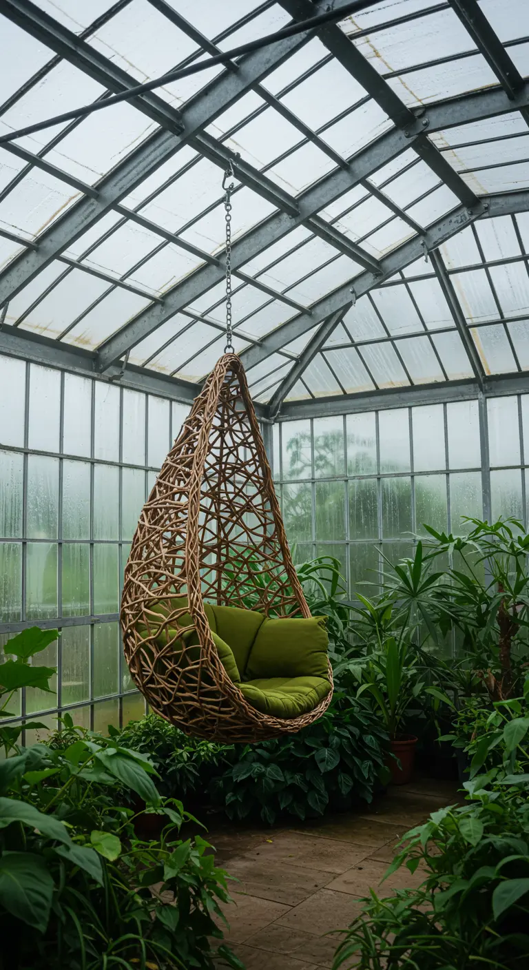 Donkere rotan hangstoel met groene kussens in een glazen kas vol planten.