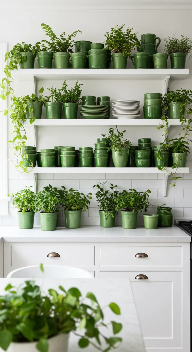 Witte keukenplanken vol met groene potten met kruiden, afgewisseld met wit servies.