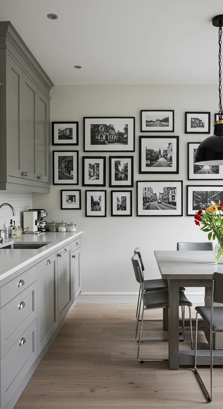 Grijze keuken met een eethoek en een fotowand met zwart-witfoto's in zwarte lijsten.