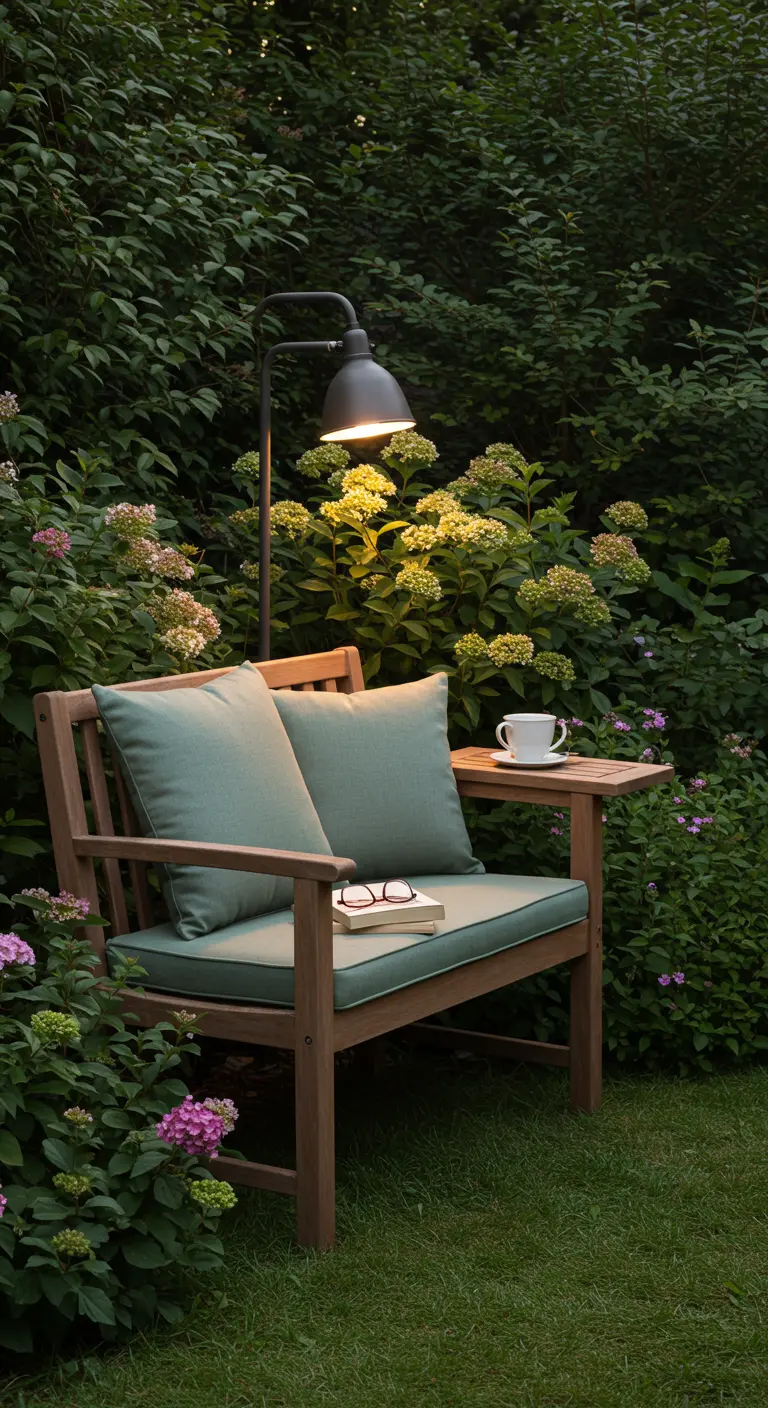 Houten tuinbank met ingebouwd tafeltje en leeslamp, omringd door struiken.