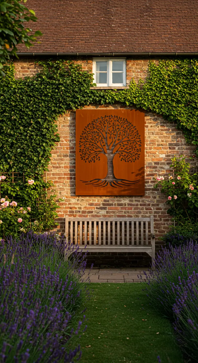 Groot cortenstaal kunstwerk van een boom aan een rode bakstenen muur boven een houten bankje.