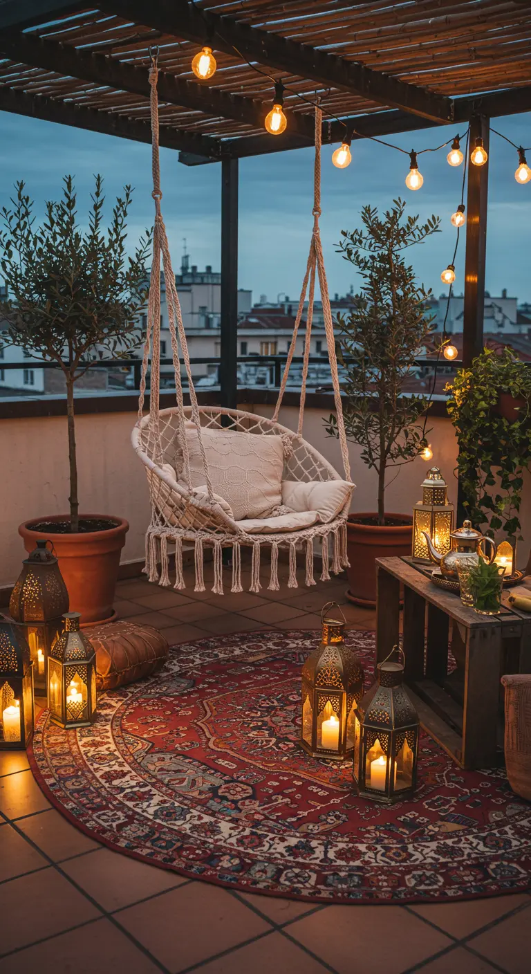 Bohemian dakterras met macramé hangstoel, rood Perzisch kleed en vele Marokkaanse lantaarns.