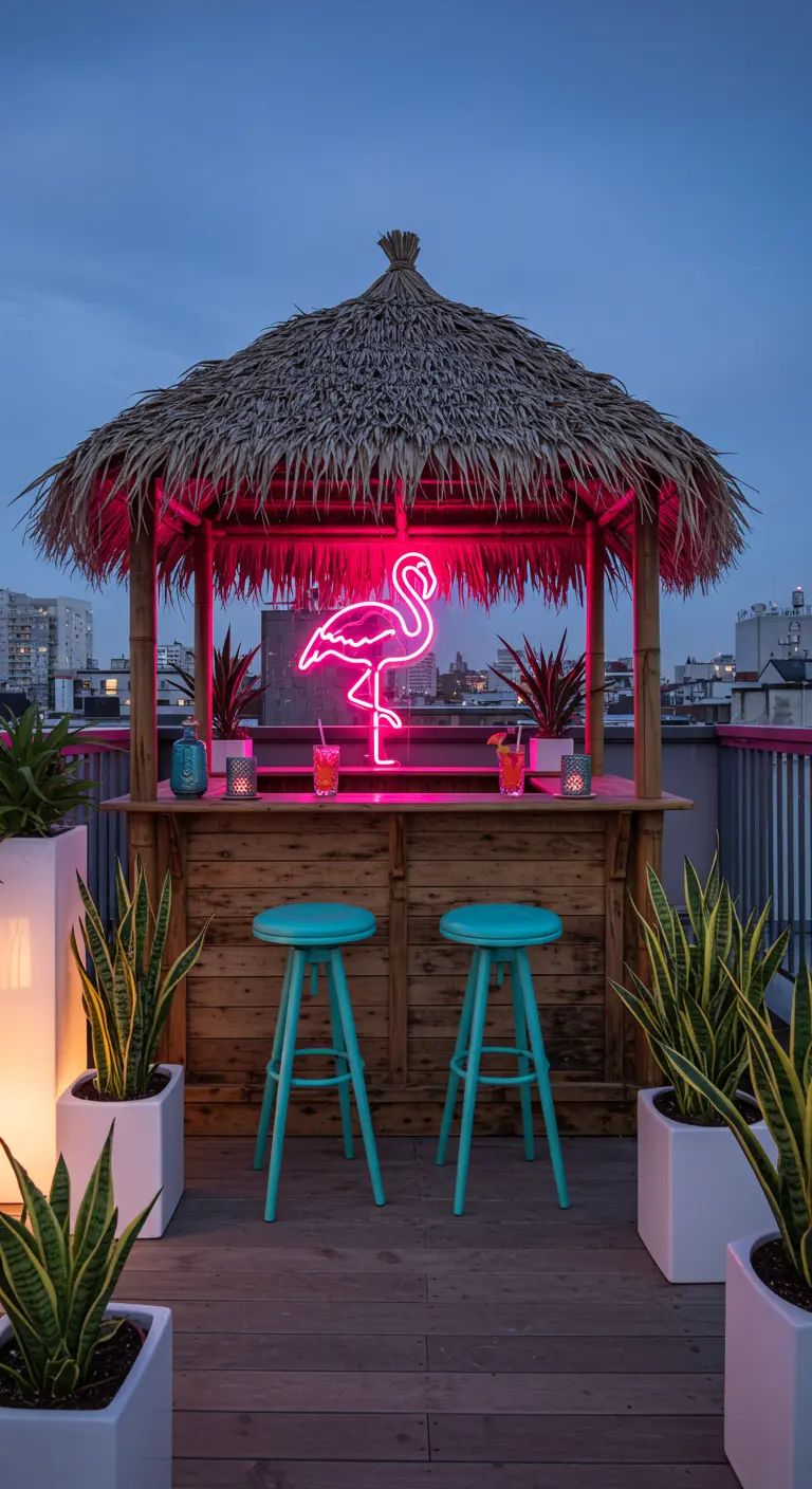 Dakterrasbar met rieten dak, turquoise krukken en een roze neon flamingo.