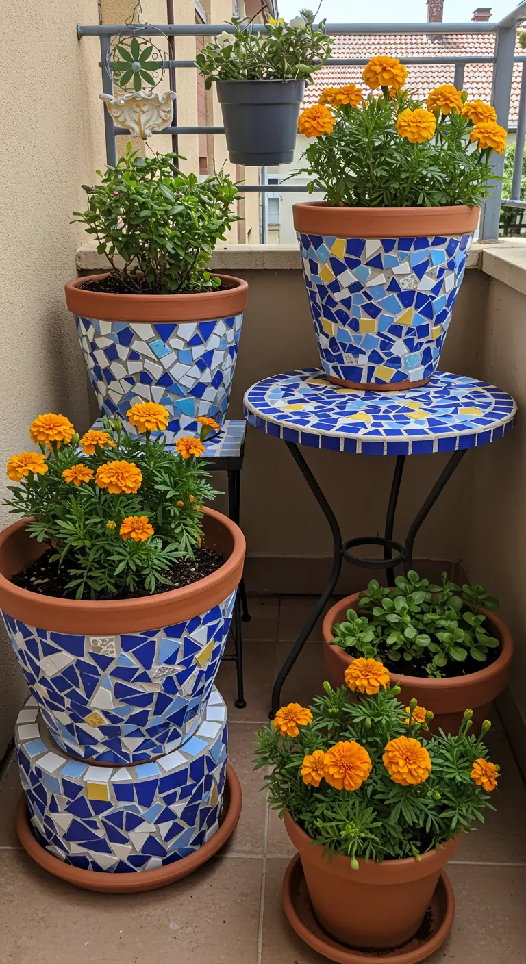 Terracotta bloempotten en een tafeltje versierd met een blauw-wit-geel mozaïek.