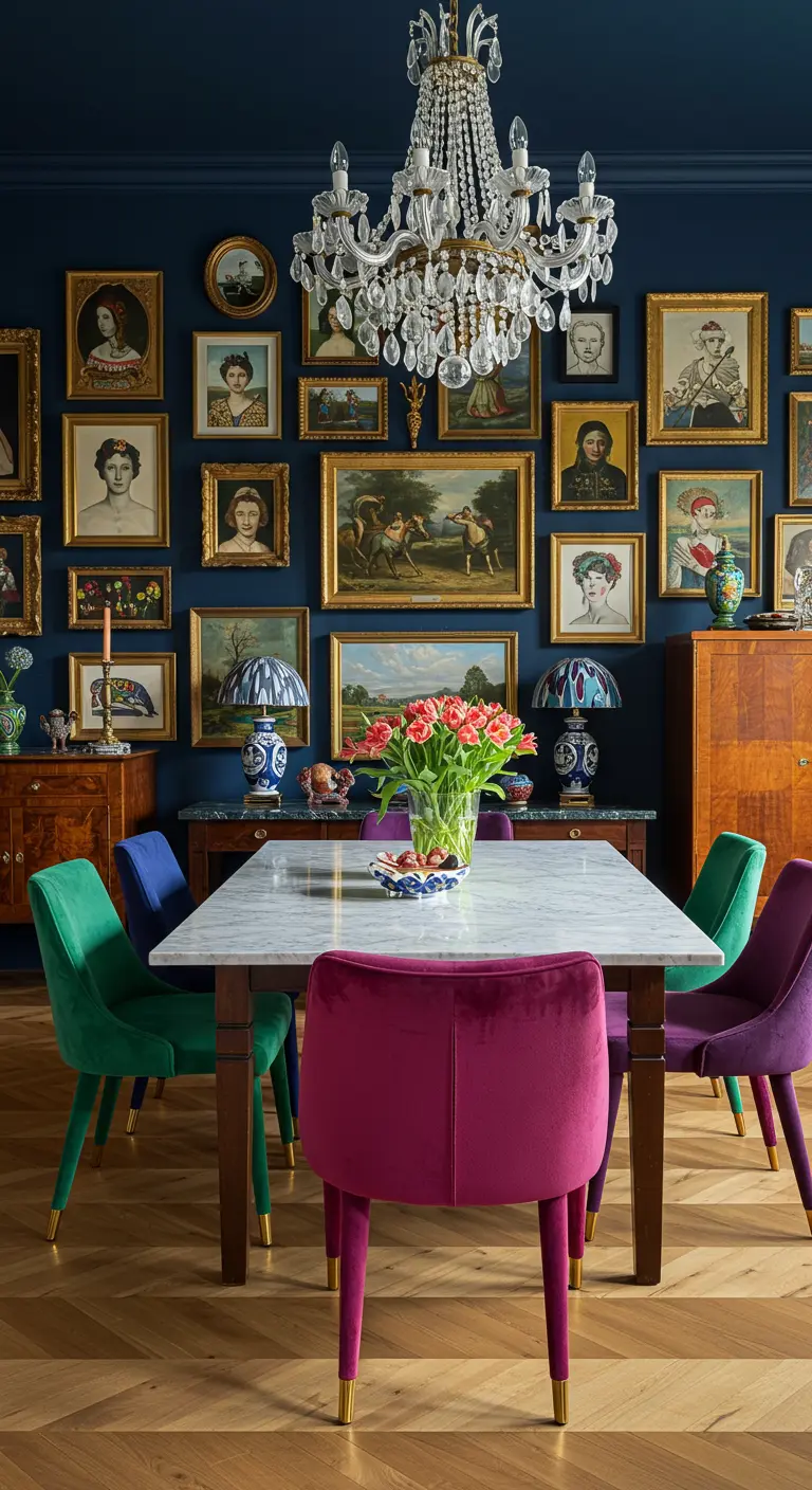 Eclectische eetkamer met een donkerblauwe muur vol schilderijen, een marmeren tafel en fluwelen stoelen in verschillende kleuren.