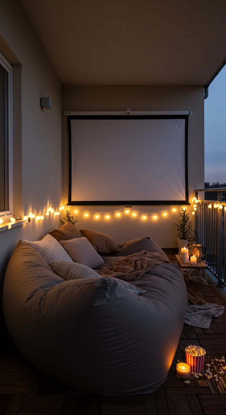 Balkon omgetoverd tot bioscoop met een projectiescherm, grote zitzak en lichtjes.