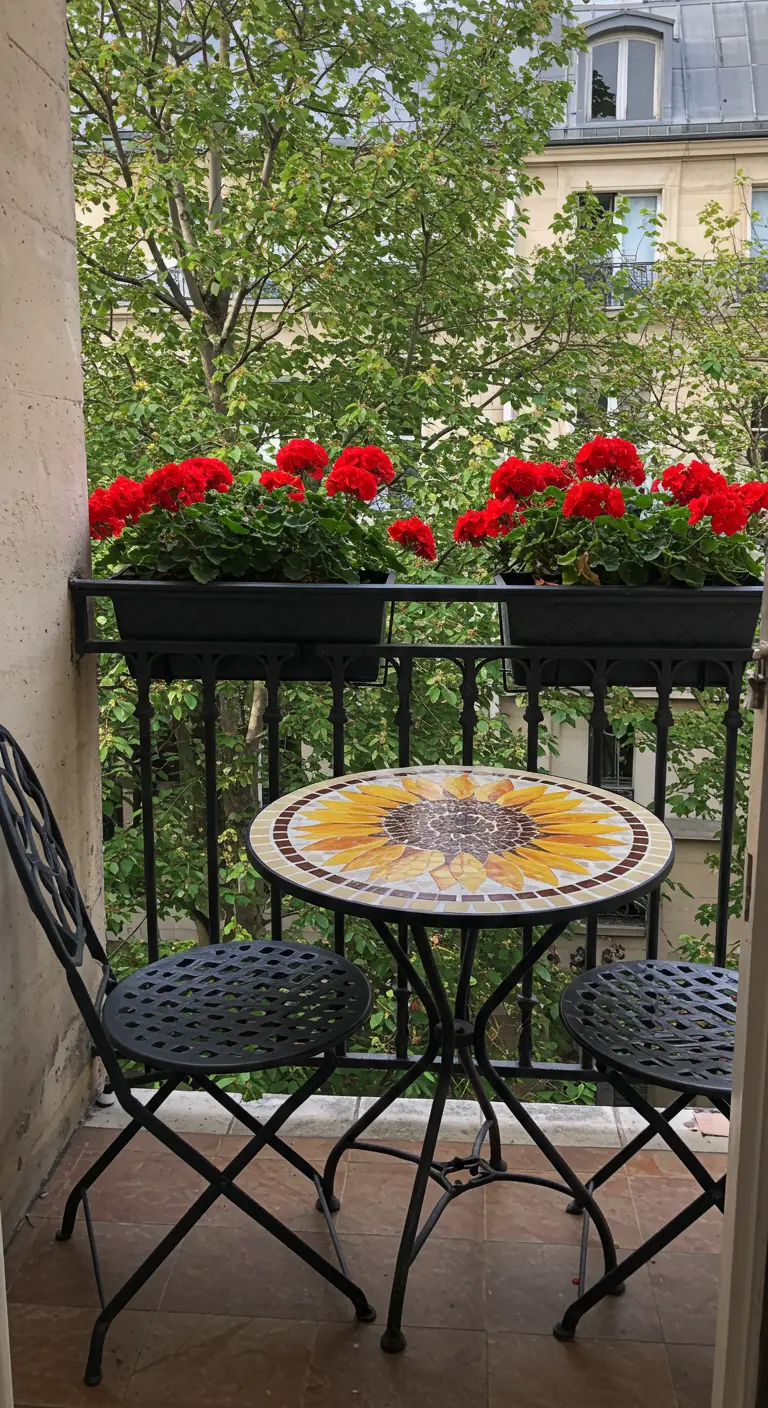 Klein balkon met een rond bistrotafeltje met zonnebloem-mozaïek en twee zwarte stoeltjes.