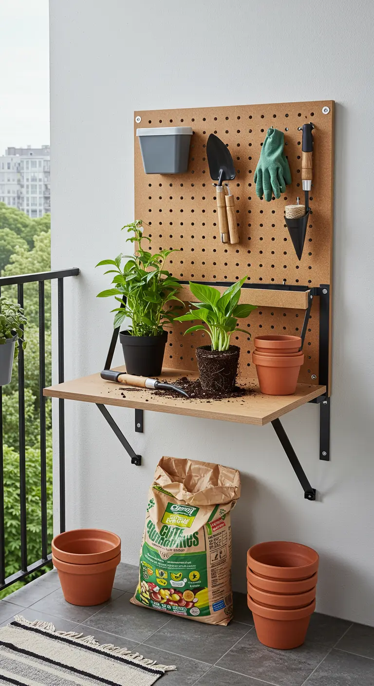 Opklapbaar houten werkblad aan de muur met een gatenbord voor tuingereedschap.