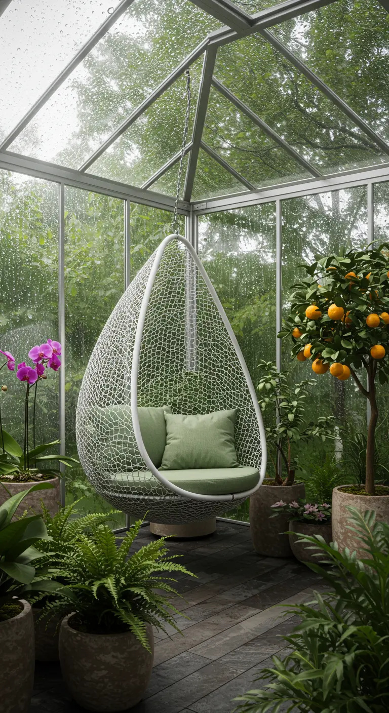 Witte hangstoel in een glazen serre, omringd door potplanten zoals varens en een citrusboom.