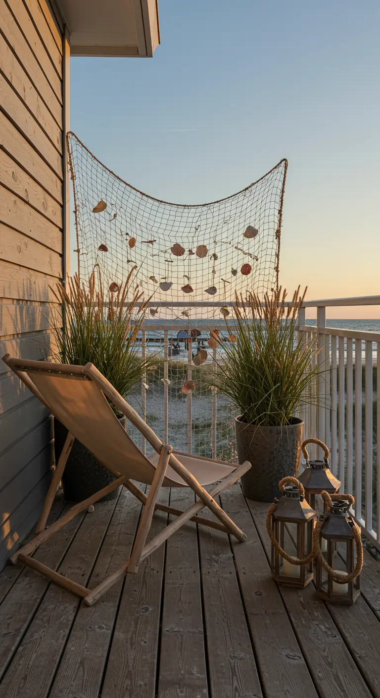 Balkon in strandstijl met een strandstoel, visnet en lantaarns.