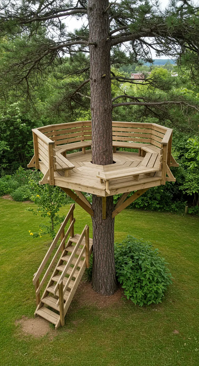 Houten platform met een bankje erin gebouwd, hoog rond de stam van een boom.