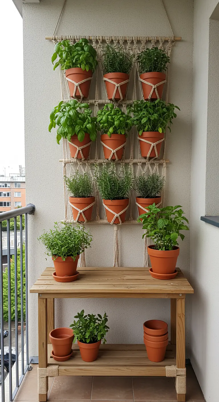 Verticale kruidentuin in een macramé wandrek met negen terracotta potten.