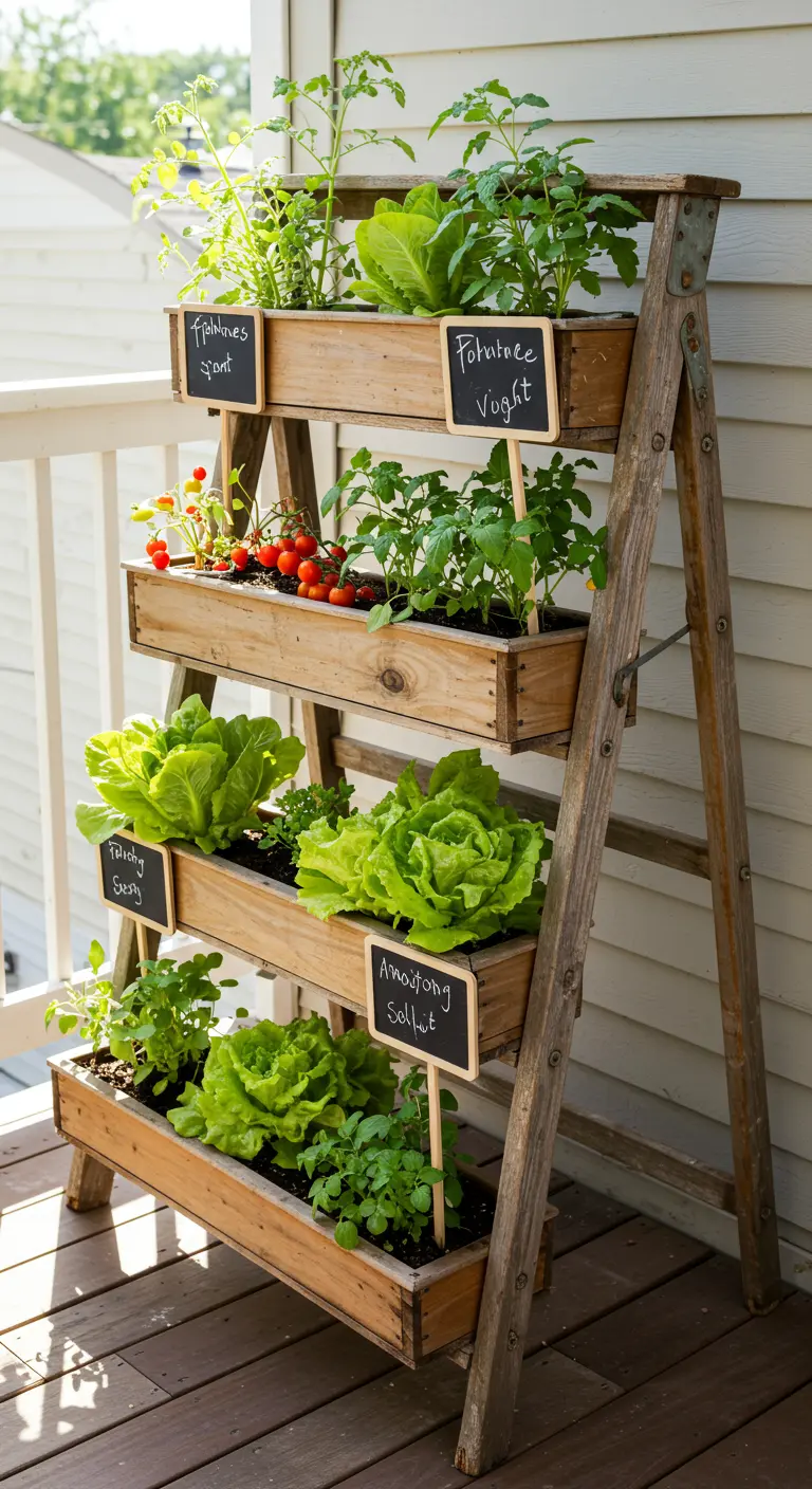 Houten ladder met plantenbakken vol sla, tomaten en kruiden, met schoolbordjes als labels.