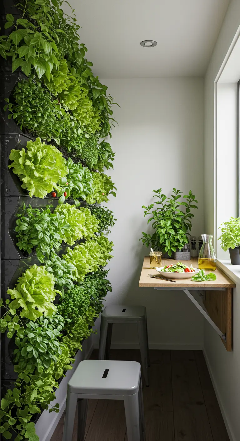 Smal balkon met een verticale moestuinwand vol sla en kruiden, naast een opklaptafeltje.