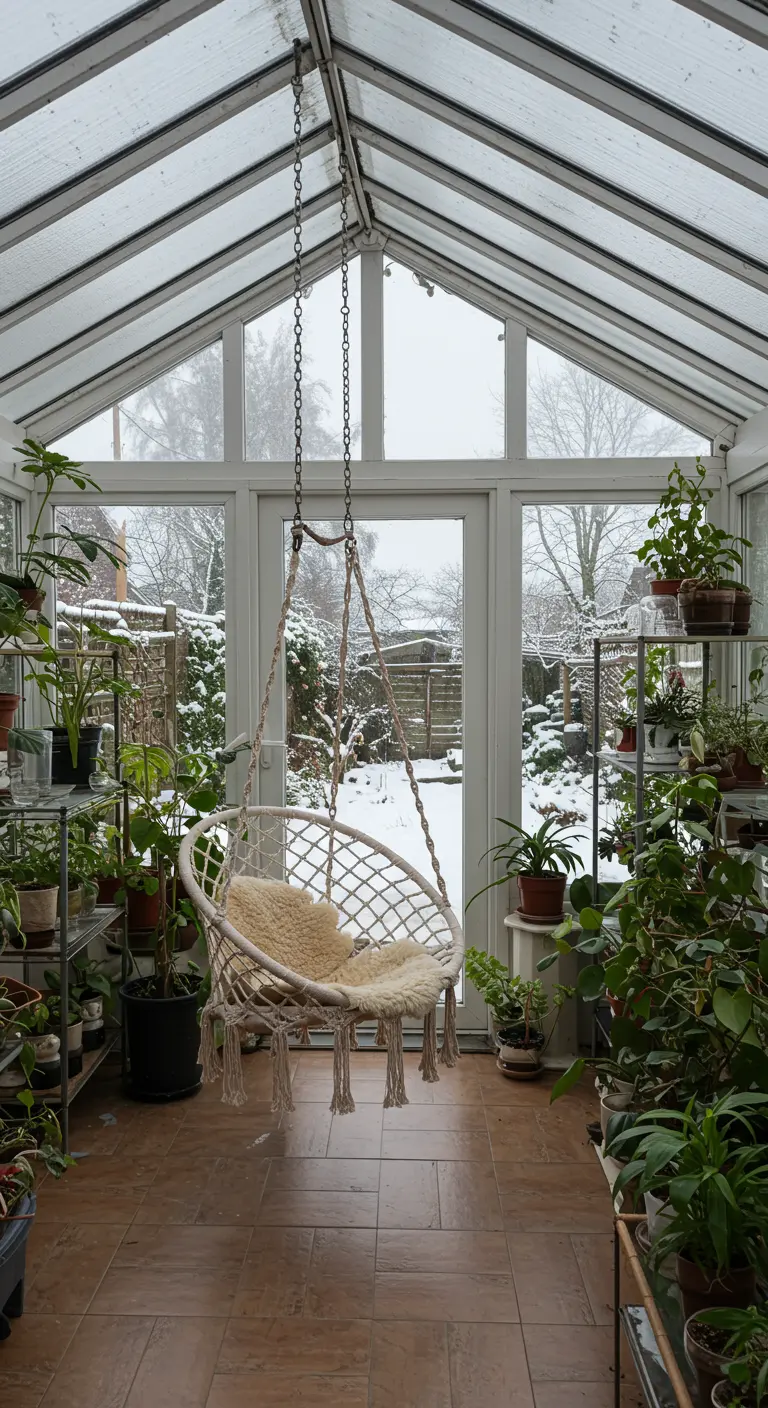 Macramé hangstoel in een lichte serre vol planten, met uitzicht op een besneeuwde tuin.