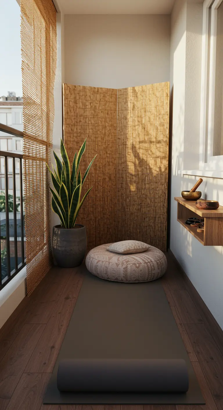 Balkon ingericht als yogaruimte met een mat, meditatiekussen en een bamboescherm voor privacy.