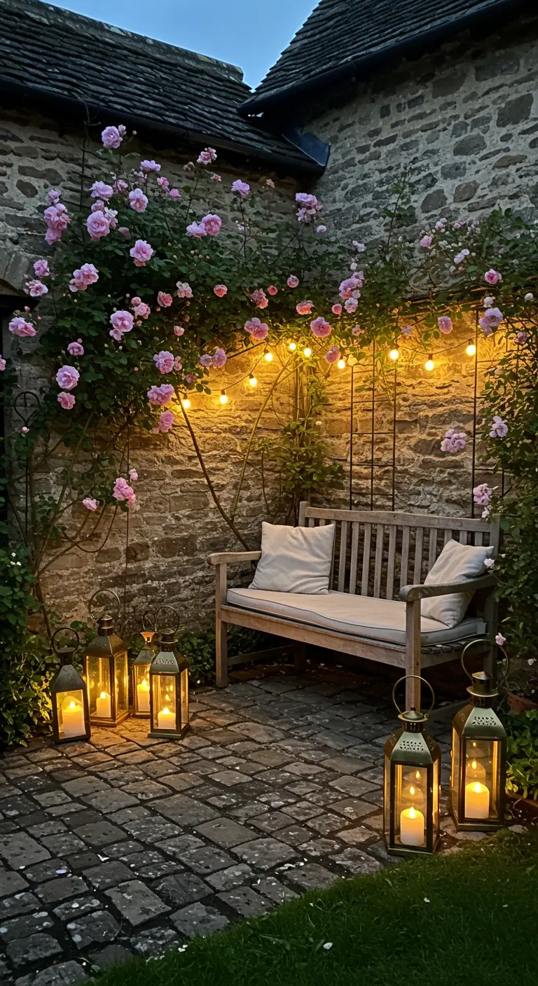 Romantisch tuinhoekje met houten bank, roze rozen en sfeervolle lantaarns.