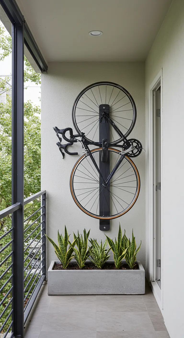 Een racefiets hangt verticaal aan de muur boven een betonnen plantenbak met sansevieria's.