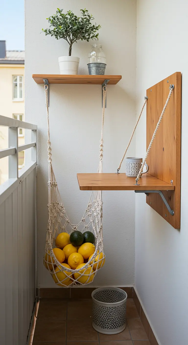 Macramé ftuithanger gevuld met citroenen en avocado's, hangend aan een opklapbaar tafeltje.
