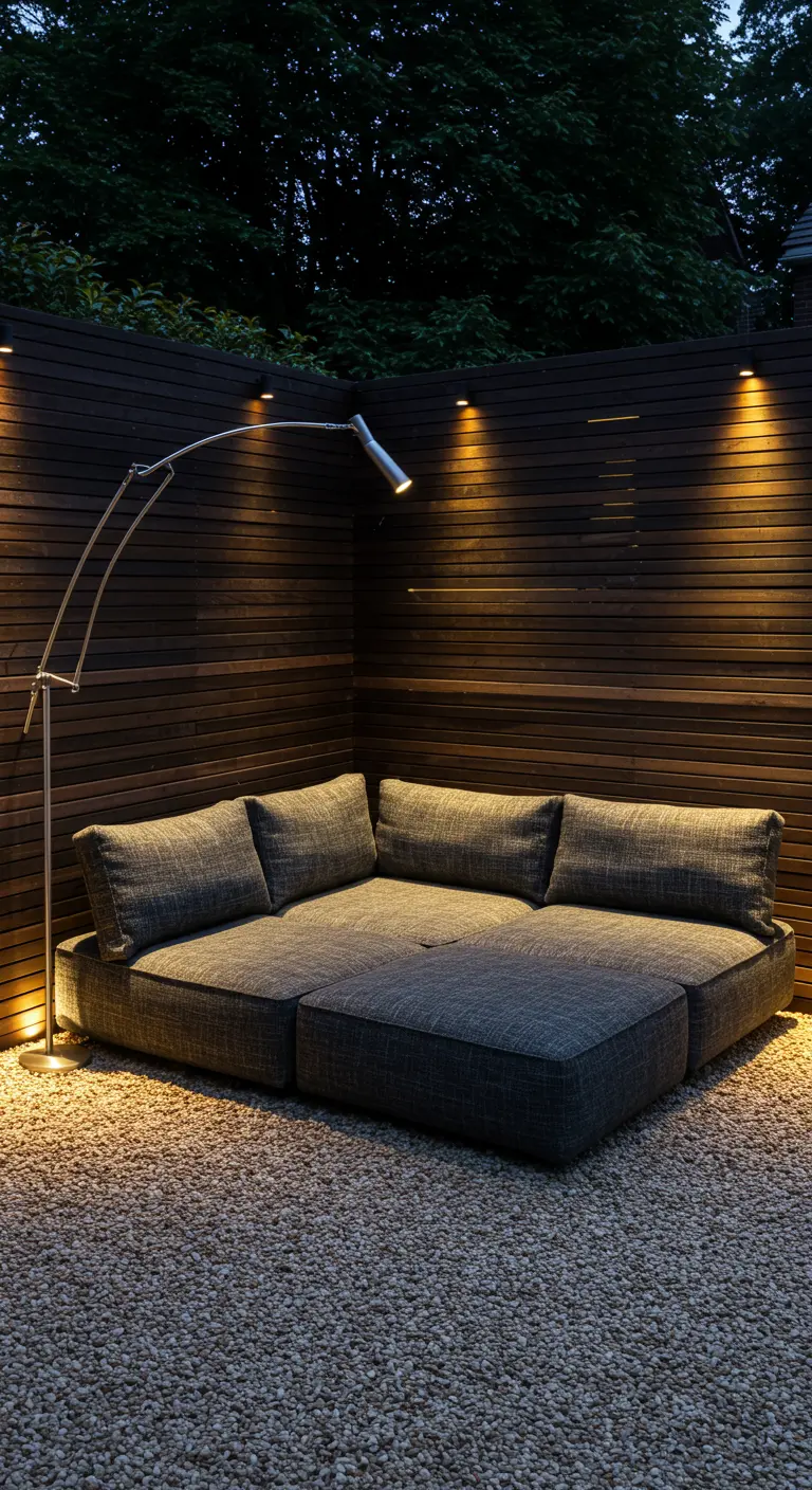 Knusse buitenlounge in een hoek met houten wanden, een booglamp en grijze modulaire bank.