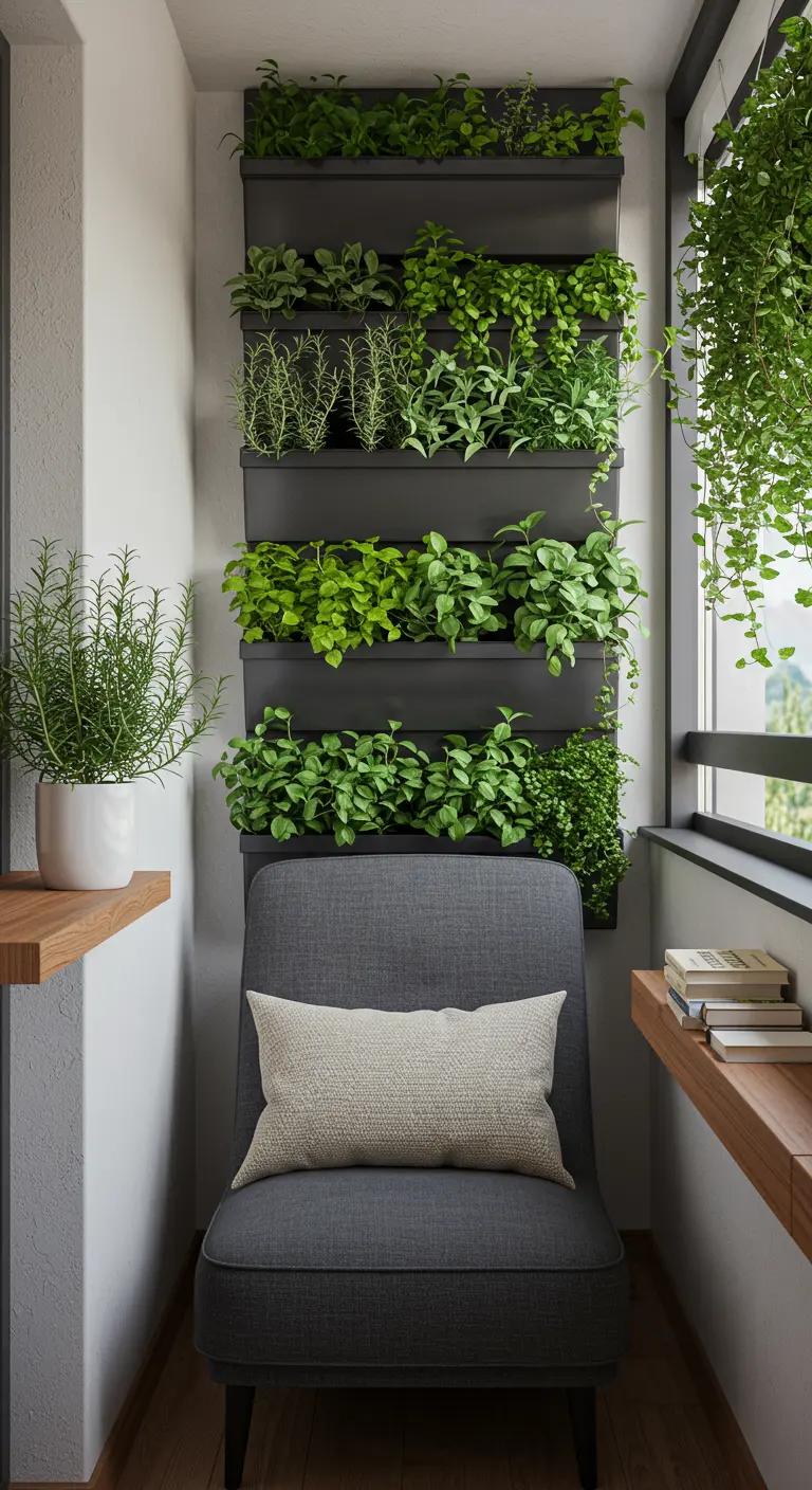 Comfortabele grijze stoel voor een grote verticale tuinwand vol verse kruiden op een smal balkon.