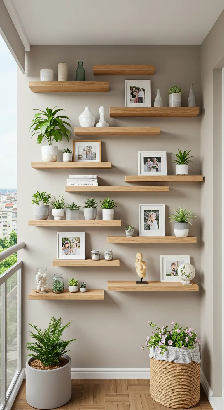 Wand met asymmetrisch geplaatste houten planken vol fotolijsten en planten.