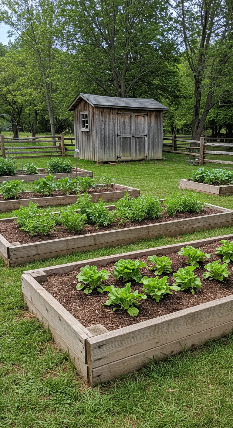 Moestuin met verhoogde bedden gemaakt van verweerde houten planken.