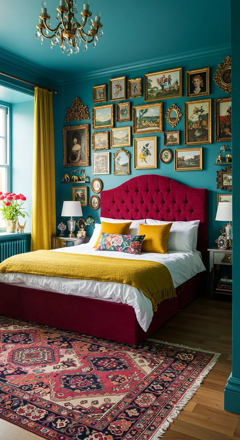 Eclectische slaapkamer met blauwgroene muren, roze bed en een muur vol gouden kaders.