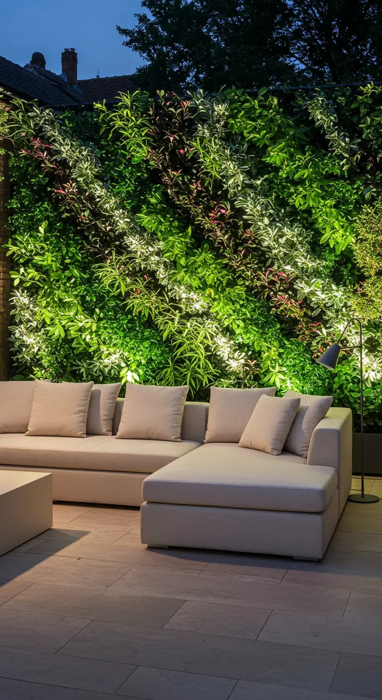 Lichte loungebank voor een grote, uitgelichte verticale plantenwand in de avond.