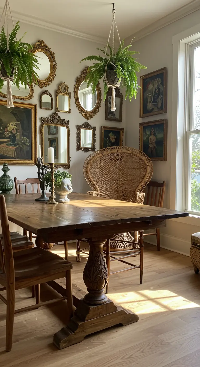Eetkamer met een muur vol vintage spiegels en schilderijen en een grote pauwenstoel.