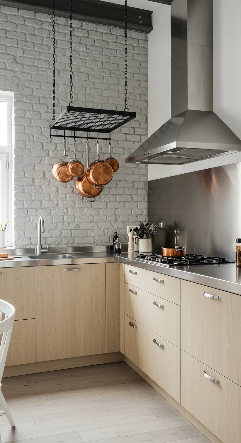 Lichte keuken met RVS aanrecht, houten kastjes en een hangend pannenrek.