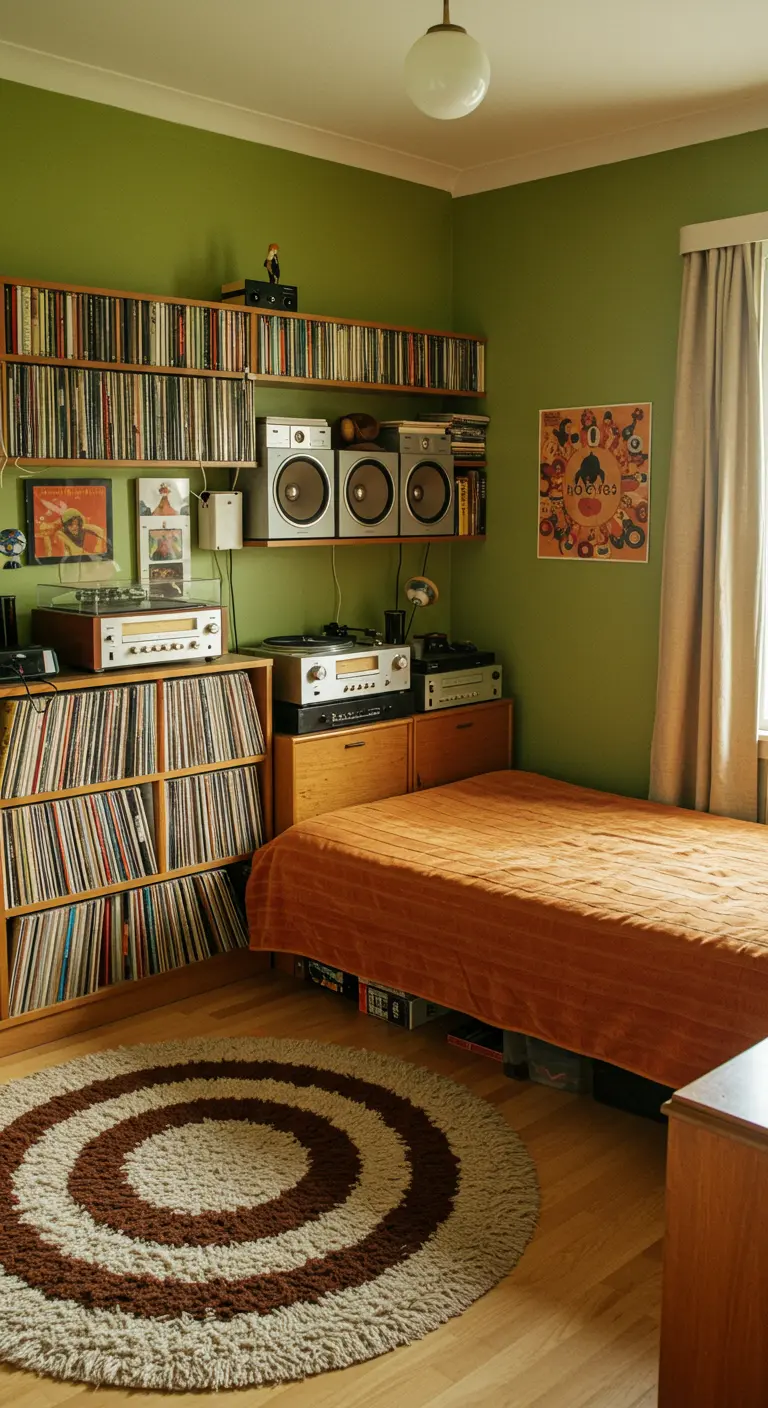 Slaapkamer met saliegroene muren en wanden vol lp's en vintage audio.
