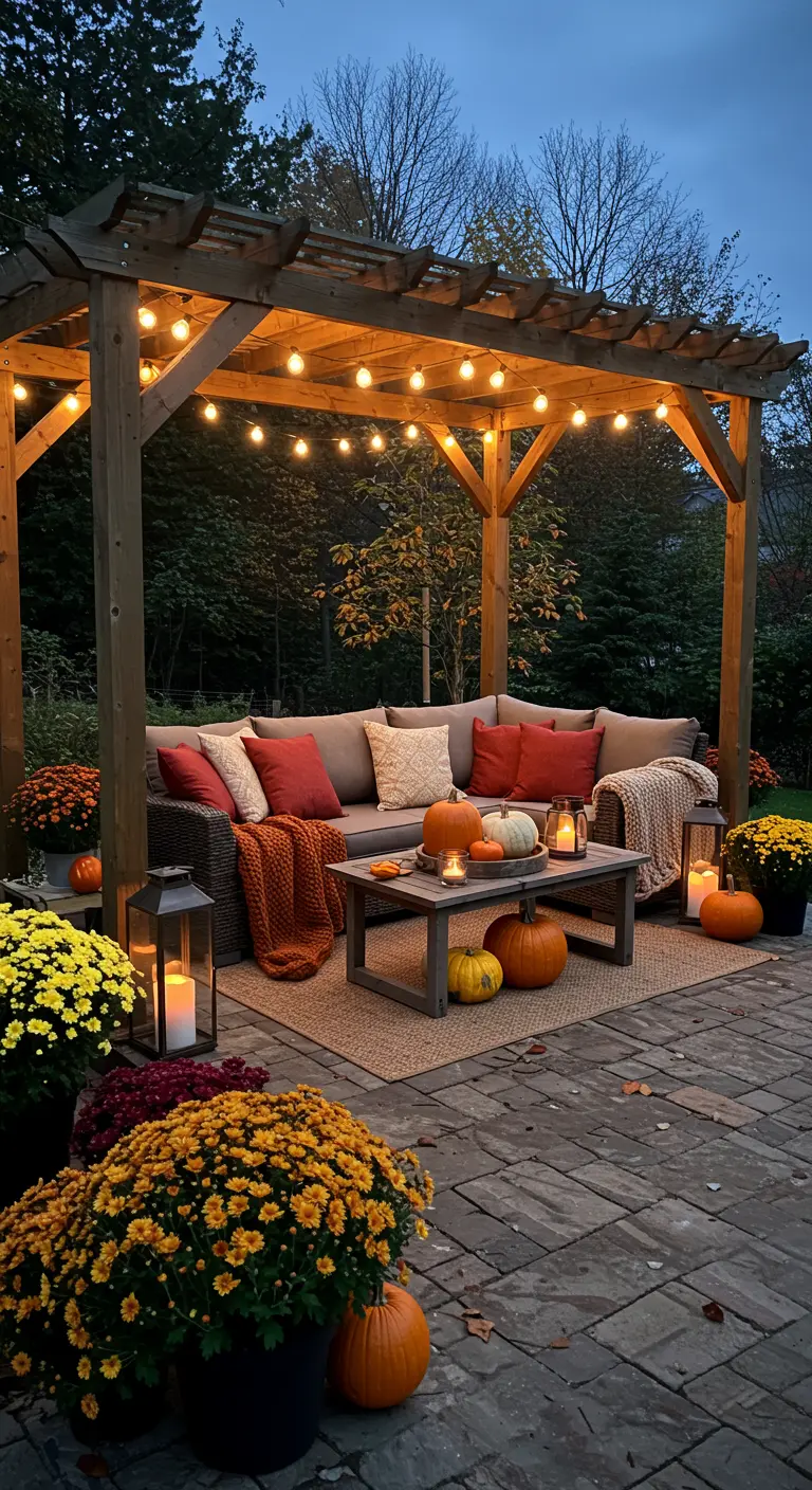 Gezellige loungehoek onder een houten pergola met sfeerverlichting en herfstdecoratie.