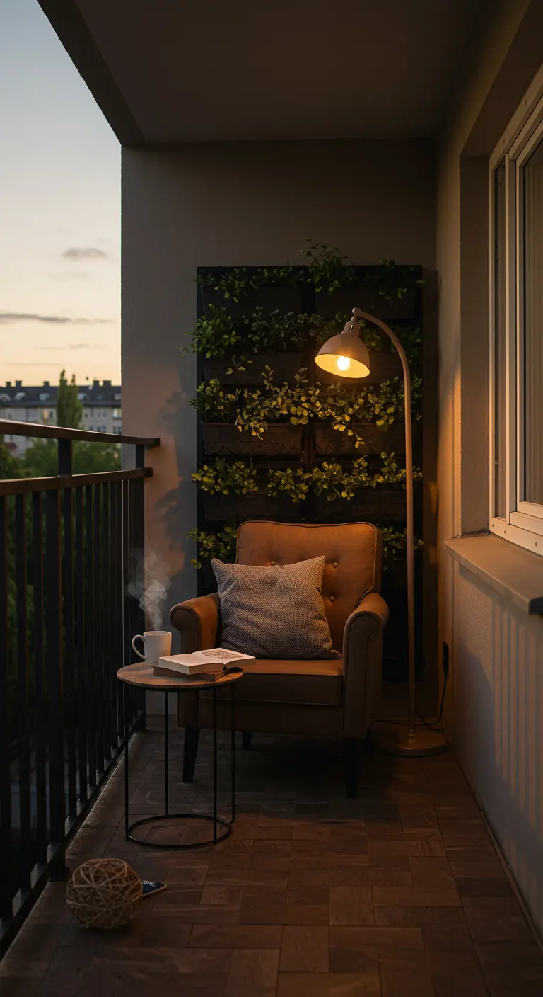 Smal balkon met een fauteuil, een staande lamp en een verticale plantenwand voor een knusse sfeer.