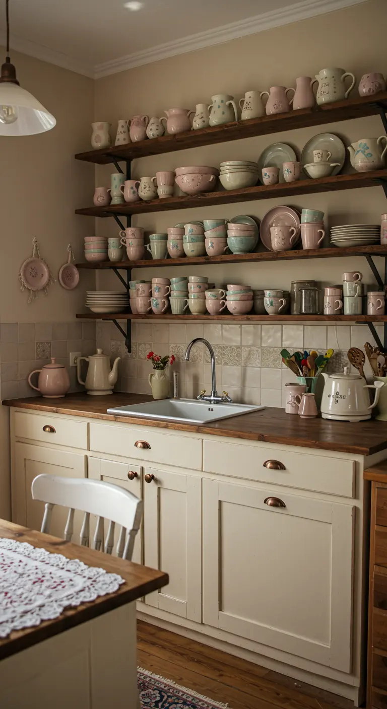 Open houten planken vol met pastelkleurig servies in roze, groen en crème.