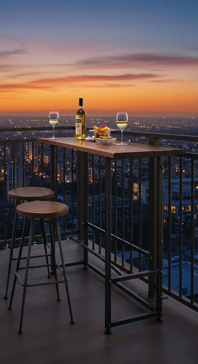 Hoge bartafel bevestigd aan de balkonreling met uitzicht over de stad bij zonsondergang.