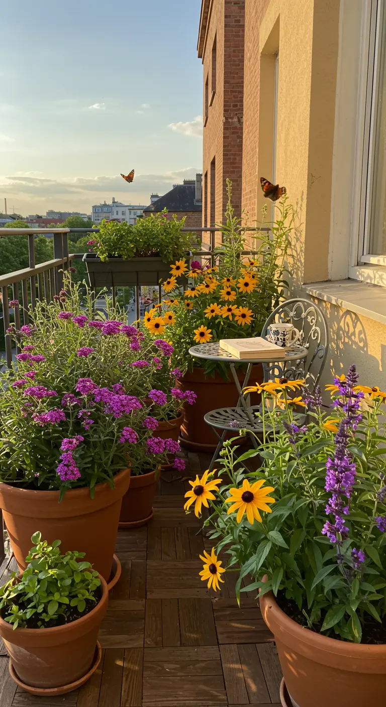 Zonnig stadsbalkon met bloeiende planten in terracotta potten en rondvliegende vlinders.