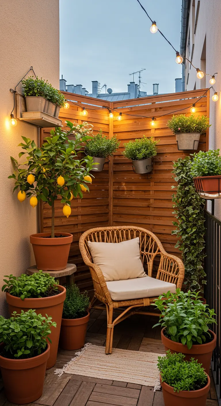 Klein, gezellig balkon met een citroenboom, rotan stoel en sfeervolle lichtslingers.