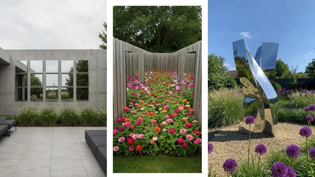 Drie voorbeelden van tuinen met spiegels die de ruimte verdubbelen; van bloemenpad tot moderne kunst.