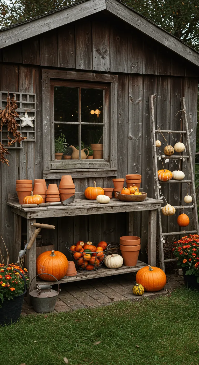 Rustiek tuinhuisje met een werkbank vol terracotta potten en pompoenen.