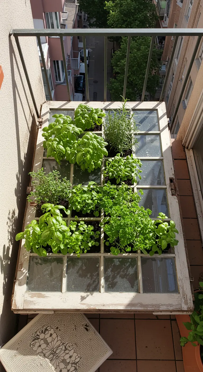 Oude deur met glaspanelen ligt plat op een balkon, met kruiden die in de openingen groeien.