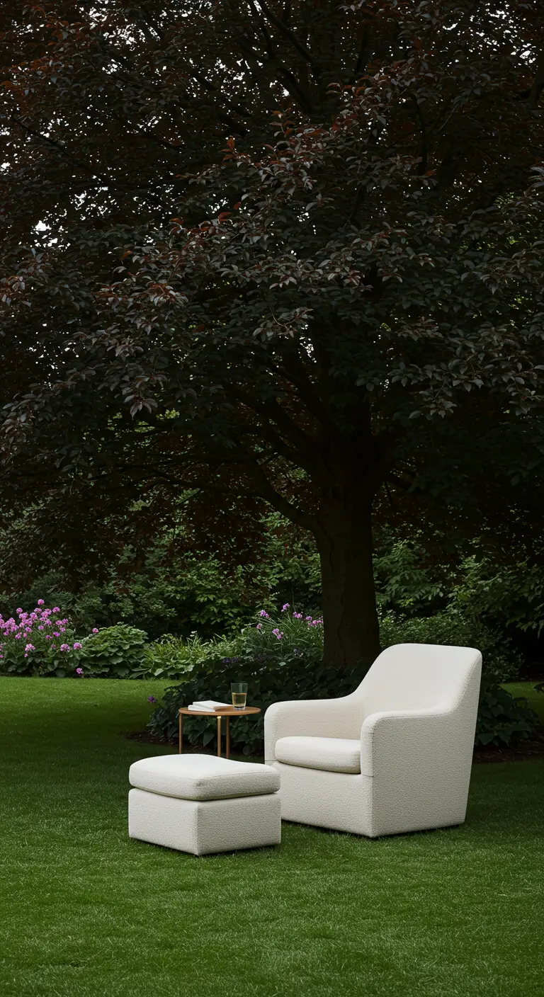 Witte, zachte bouclé fauteuil met bijpassende voetenbank in een groen gazon onder een boom.